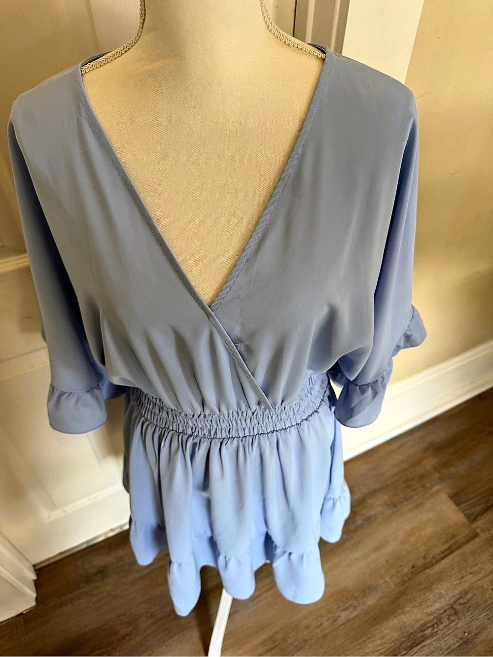 Blue Mini Dress with Ruffle Sleeves - Picture 4 of 8